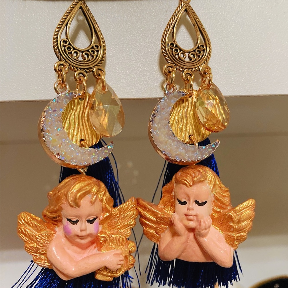 RETRO KITSCH VALENTINE ANGEL CHERUB CUPID STATEMENT EARRINGS
